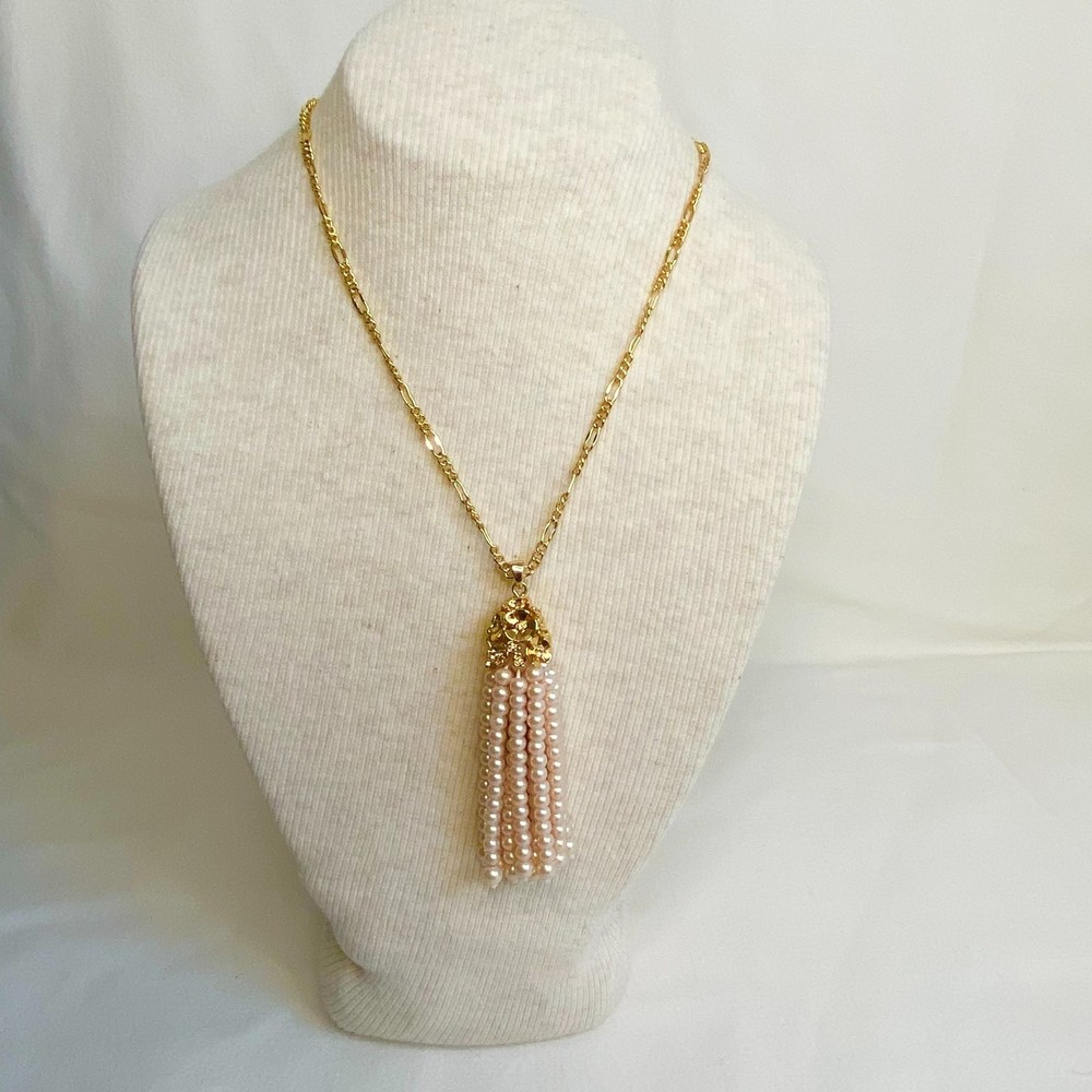 💎Talbots Opera Necklace Gold Tone Chain Links With Pearl Tassel Pendant